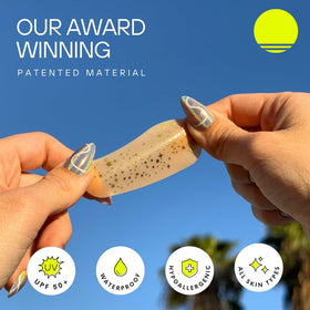 Hand holding Sun Patch to show size and easy portability benefit
