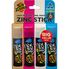 Sun Zapper beach pack front view showing four SPF 50+ sticks and portability