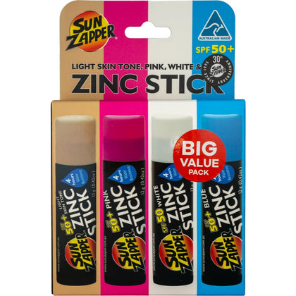 Sun Zapper beach pack front view showing four SPF 50+ sticks and portability
