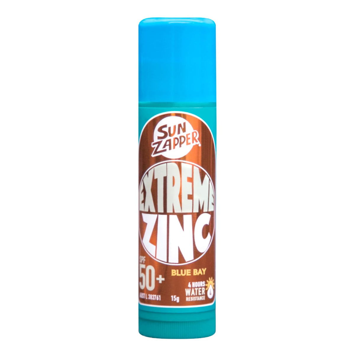 Sun Zapper stick front view showing SPF 50+ blue zinc and visible protection