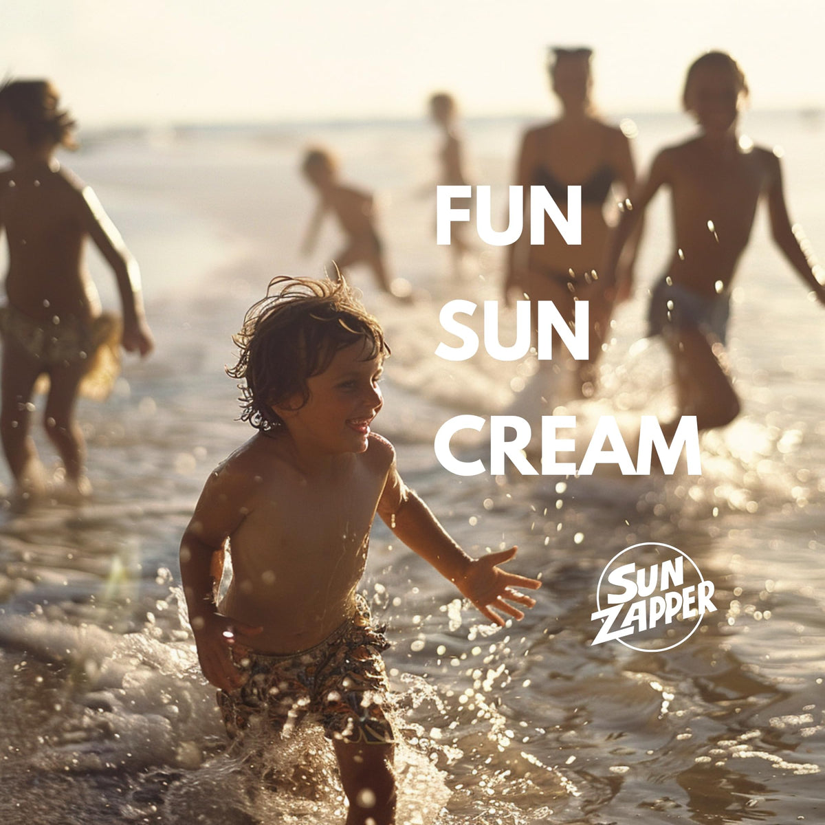 Sun Zapper family at beach lifestyle image showing easy shared sun protection benefit