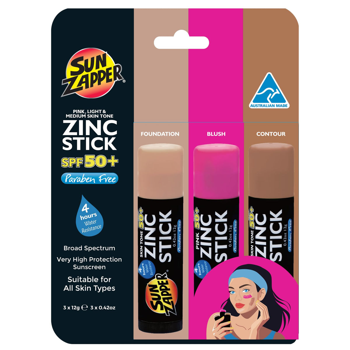 Sun Zapper front packaging three-stick set showing SPF 50+ and travel sizes
