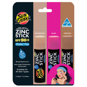 Sun Zapper front packaging three-stick set showing SPF 50+ and travel sizes