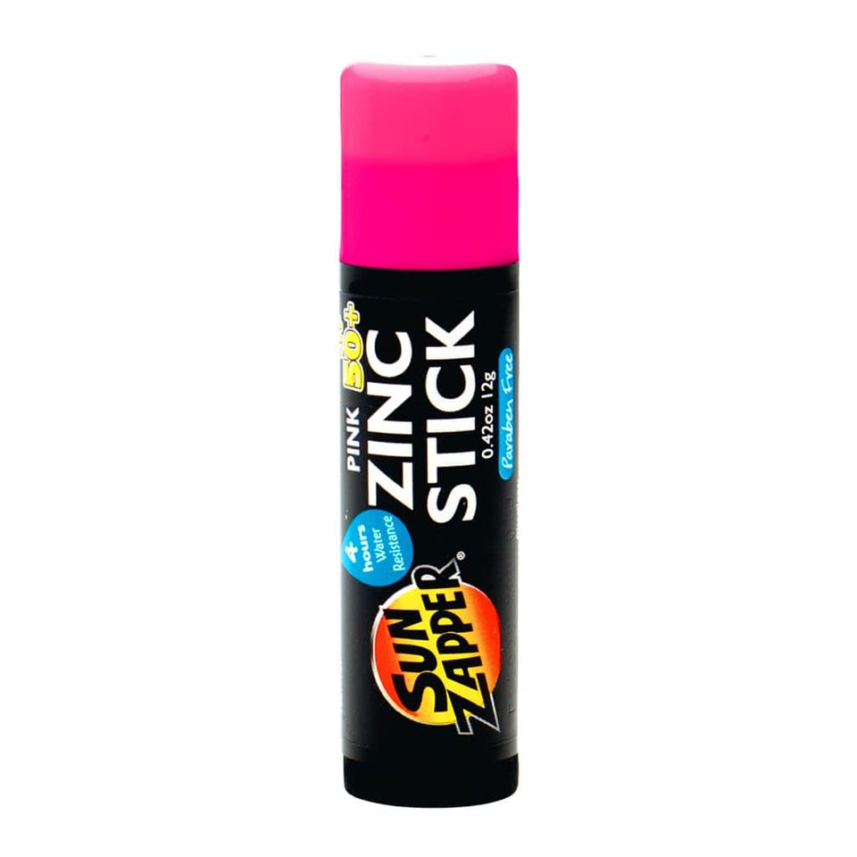 Sun Zapper front packaging showing pink zinc stick and SPF 50+ protection