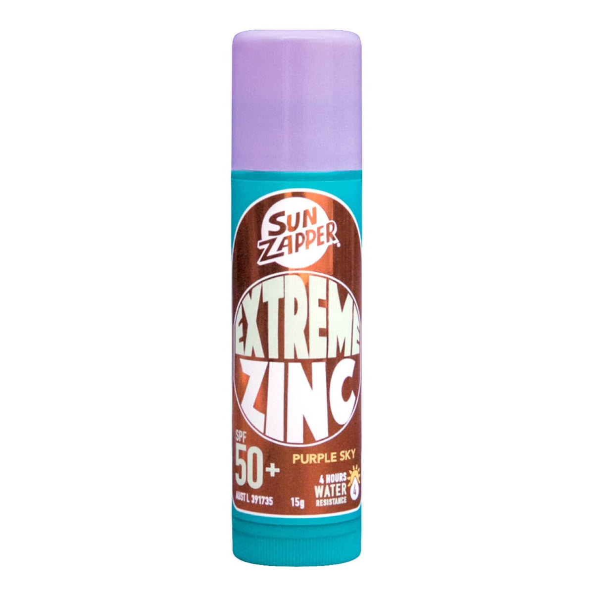 Sun Zapper front packaging showing purple zinc stick and SPF benefit
