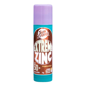 Sun Zapper front packaging showing purple zinc stick and SPF benefit