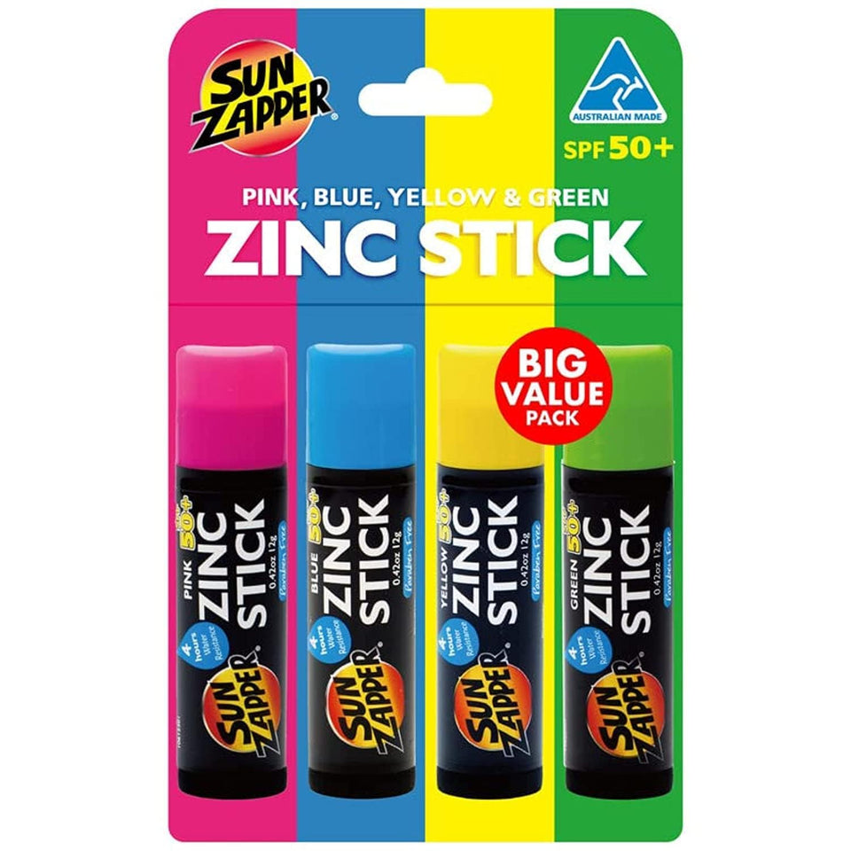 Sun Zapper front packaging rainbow 4-pack showing bright colors and compact sticks for easy packing