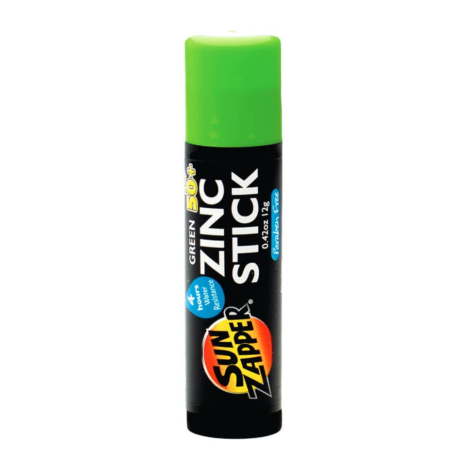 Sun Zapper front packaging showing green zinc stick and SPF label, clear protection