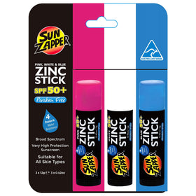 Sun Zapper front packaging showing three colored zinc sticks and SPF 50+ benefit