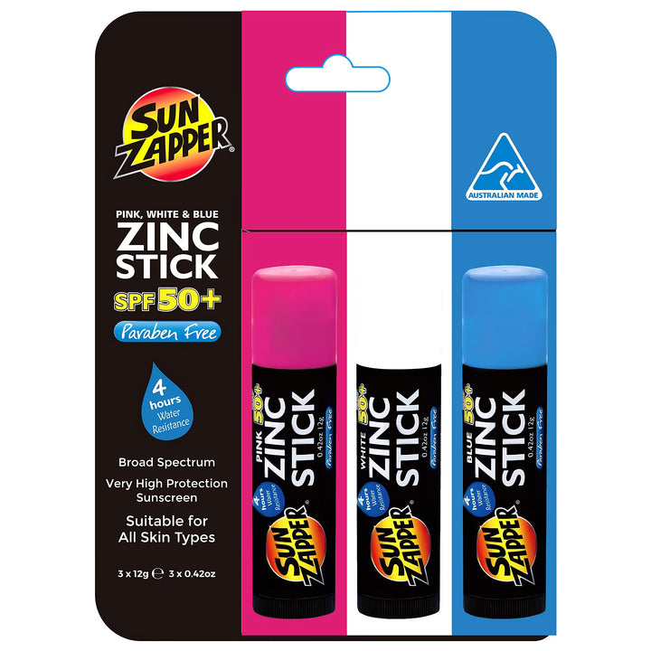 Sun Zapper front packaging showing three colored zinc sticks and SPF 50+ benefit