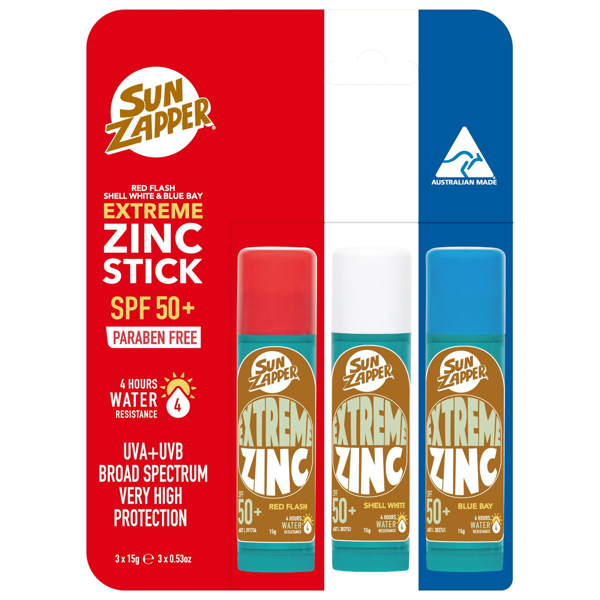 Sun Zapper front packaging showing three colored sticks and SPF benefit