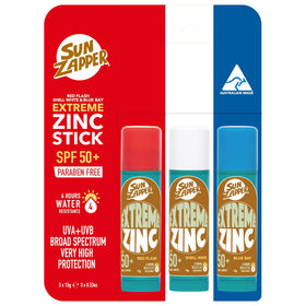 Sun Zapper front packaging showing three colored sticks and SPF benefit