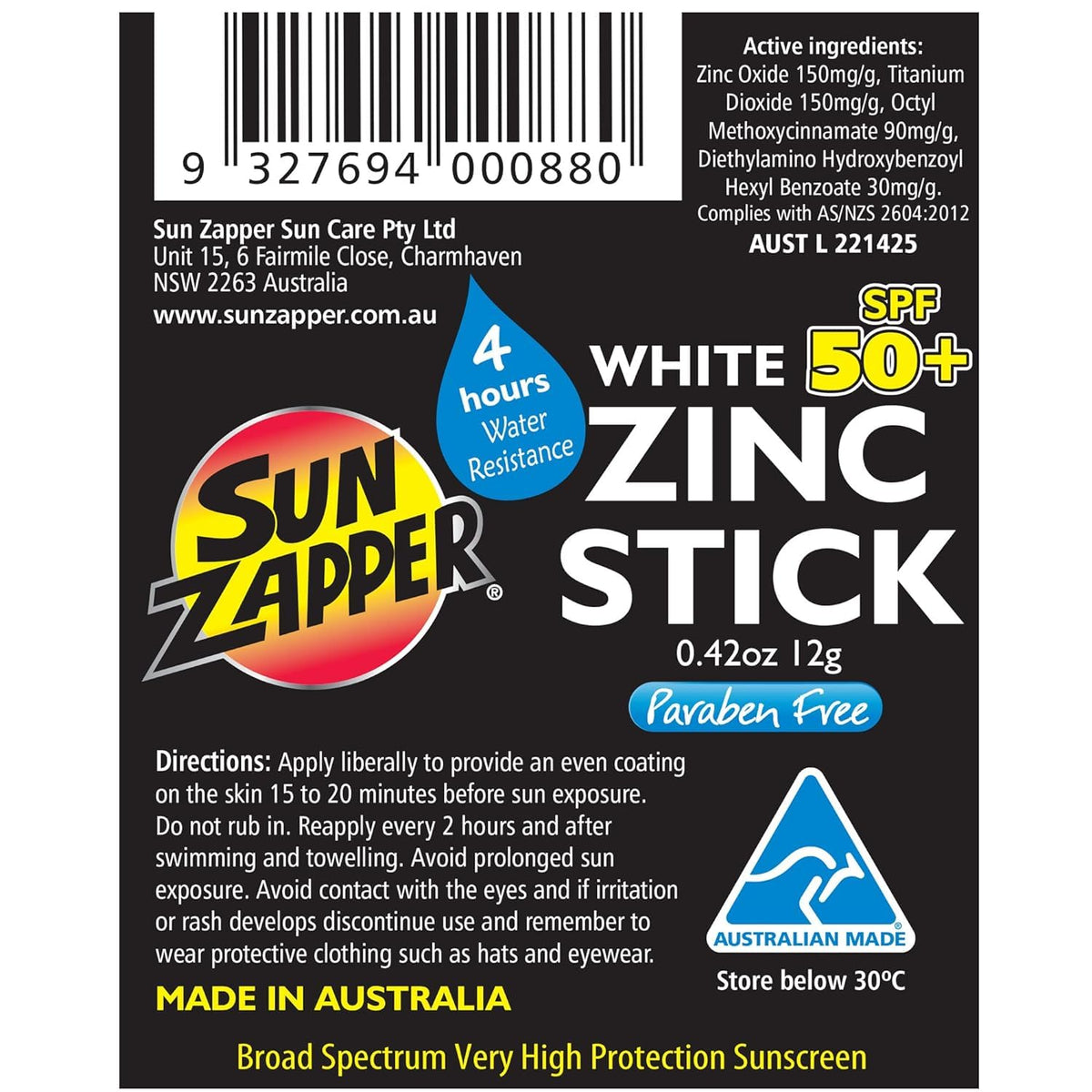 Sun Zapper label detail highlighting mineral ingredients and Australian made