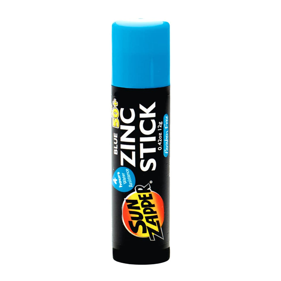 Sun Zapper front packaging showing blue zinc stick and SPF 50 travel benefit