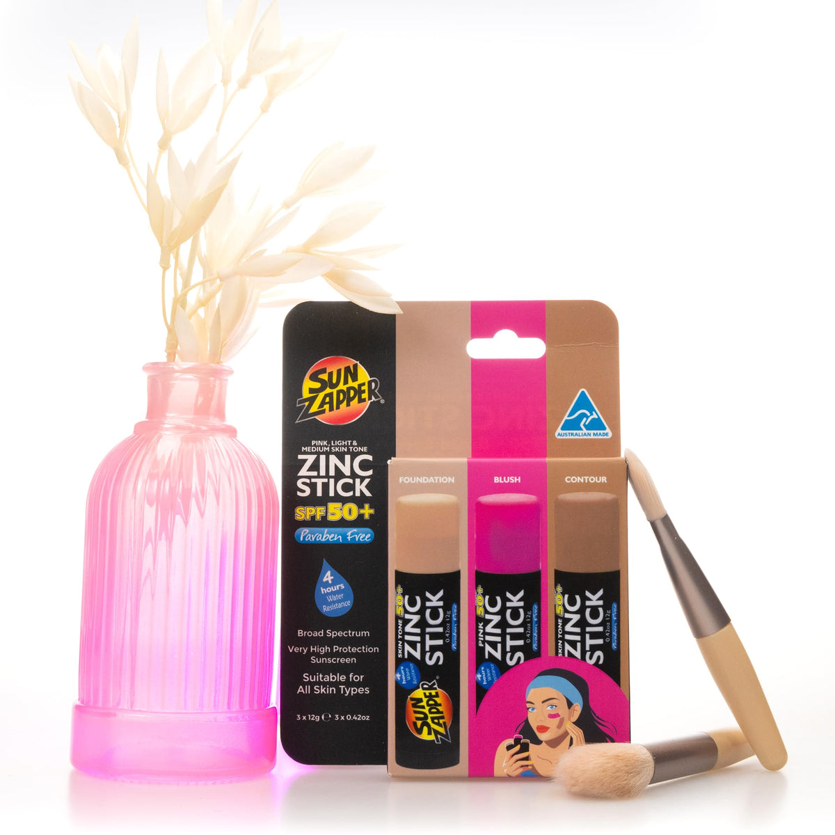 Sun Zapper stick with open cap showing push-up tube for mess-free application