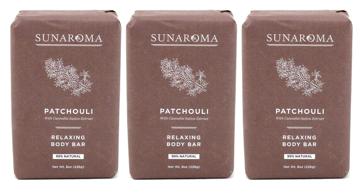SUNAROMA patchouli soap front packaging shows natural ingredients and calming benefits