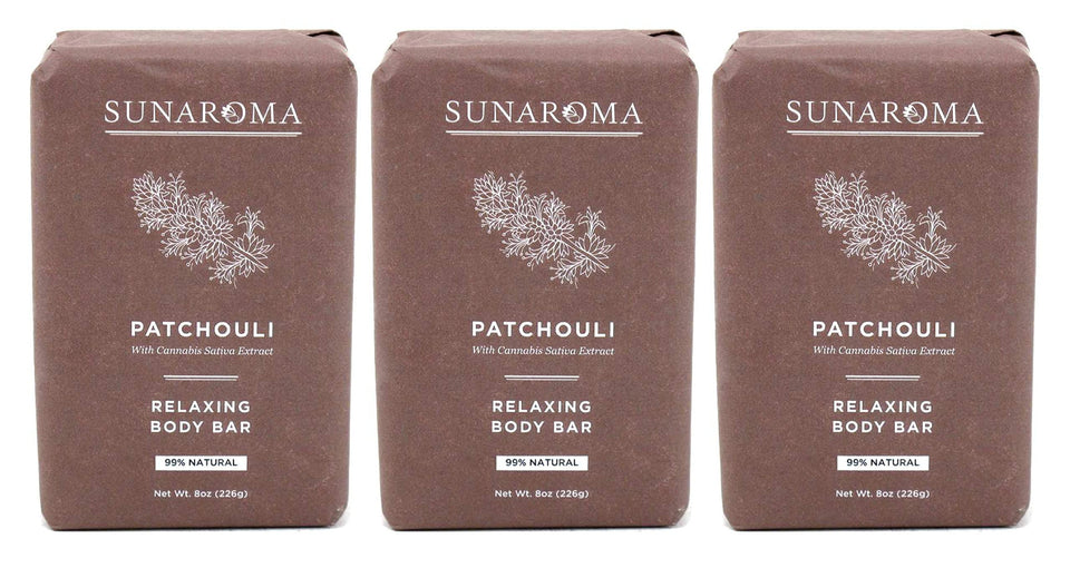 SUNAROMA patchouli soap front packaging shows natural ingredients and calming benefits