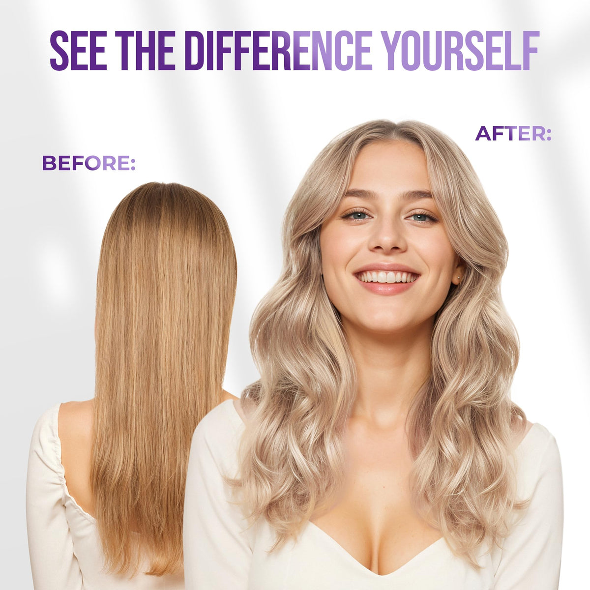 SUNATORIA before and after blonde comparison showing reduced brass and sheen
