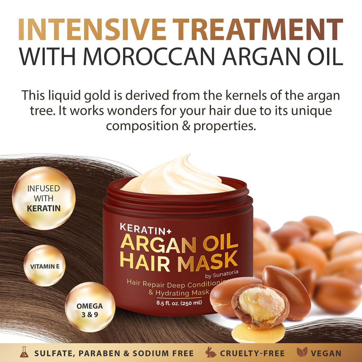 SUNATORIA argan oil and keratin ingredient visual highlighting nourishing benefits