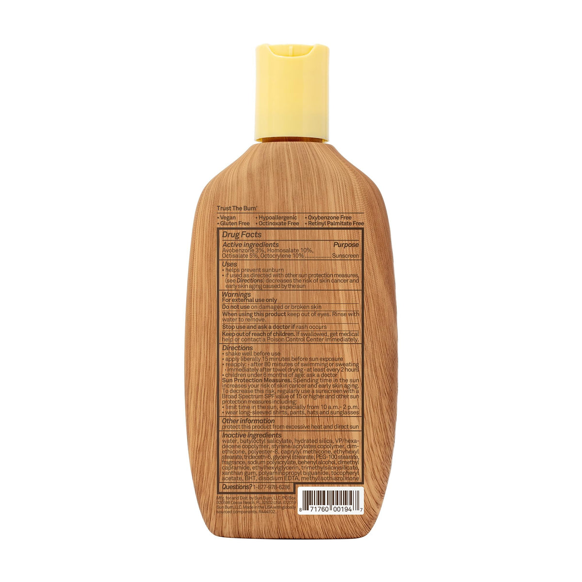 Sun Bum label close-up highlighting reef-friendly, oxybenzone-free ingredients