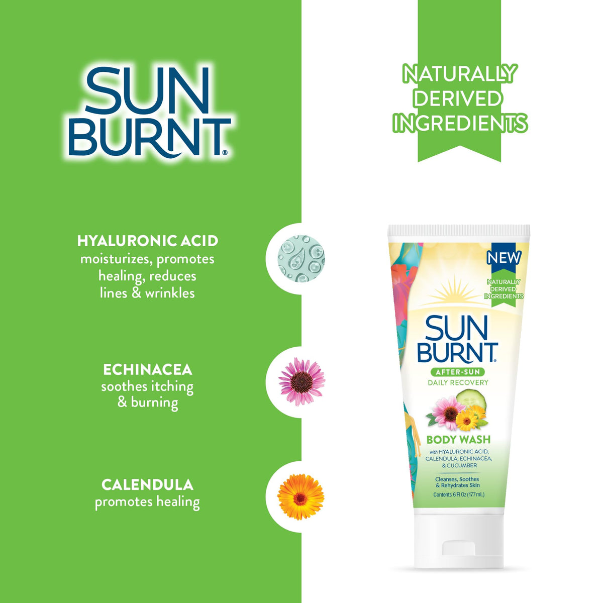 Sunburnt label ingredients close-up showing botanicals and hyaluronic acid benefit