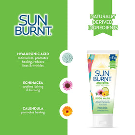 Sunburnt label ingredients close-up showing botanicals and hyaluronic acid benefit