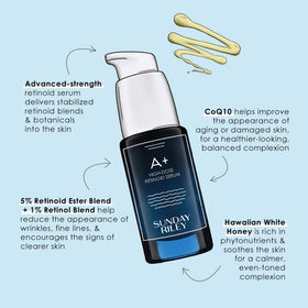 Sunday Riley A+ on bathroom counter conveying evening skincare routine benefit