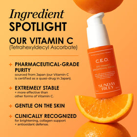 Sunday Riley serum on bathroom vanity, lifestyle shot conveying morning routine ease