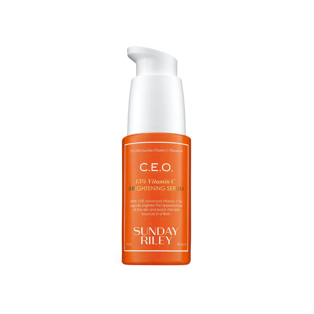 Sunday Riley bottle front view showing orange serum and clear labeling for brightening