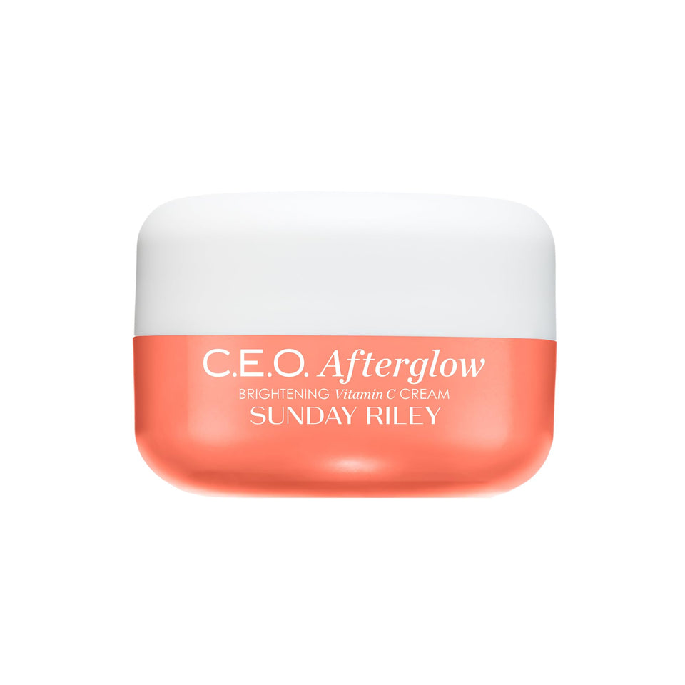 Sunday Riley C.E.O. Afterglow front jar showing sleek packaging and brand clarity