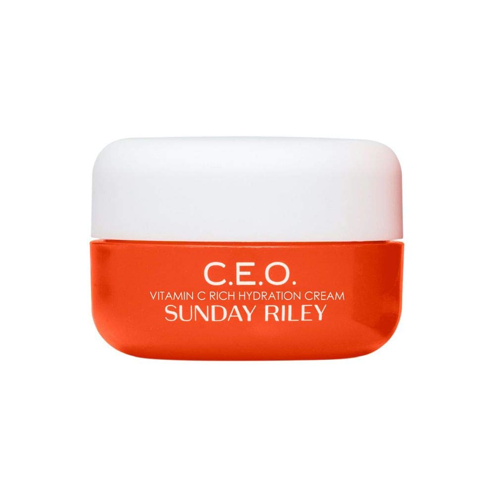 Sunday Riley jar front view showing sleek branding and daily moisturizer benefit