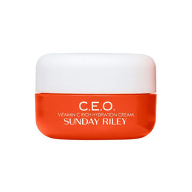 Sunday Riley jar front view showing sleek branding and daily moisturizer benefit