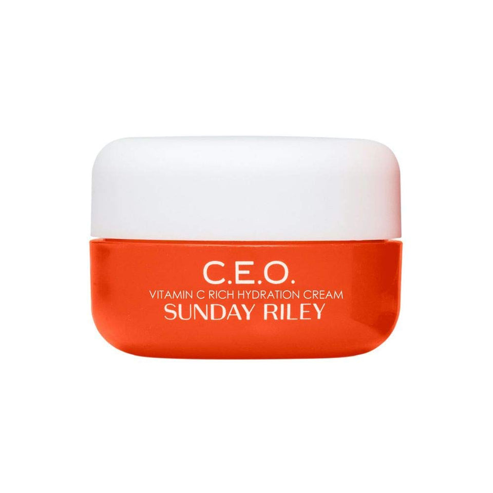 Sunday Riley jar front view showing sleek branding and daily moisturizer benefit