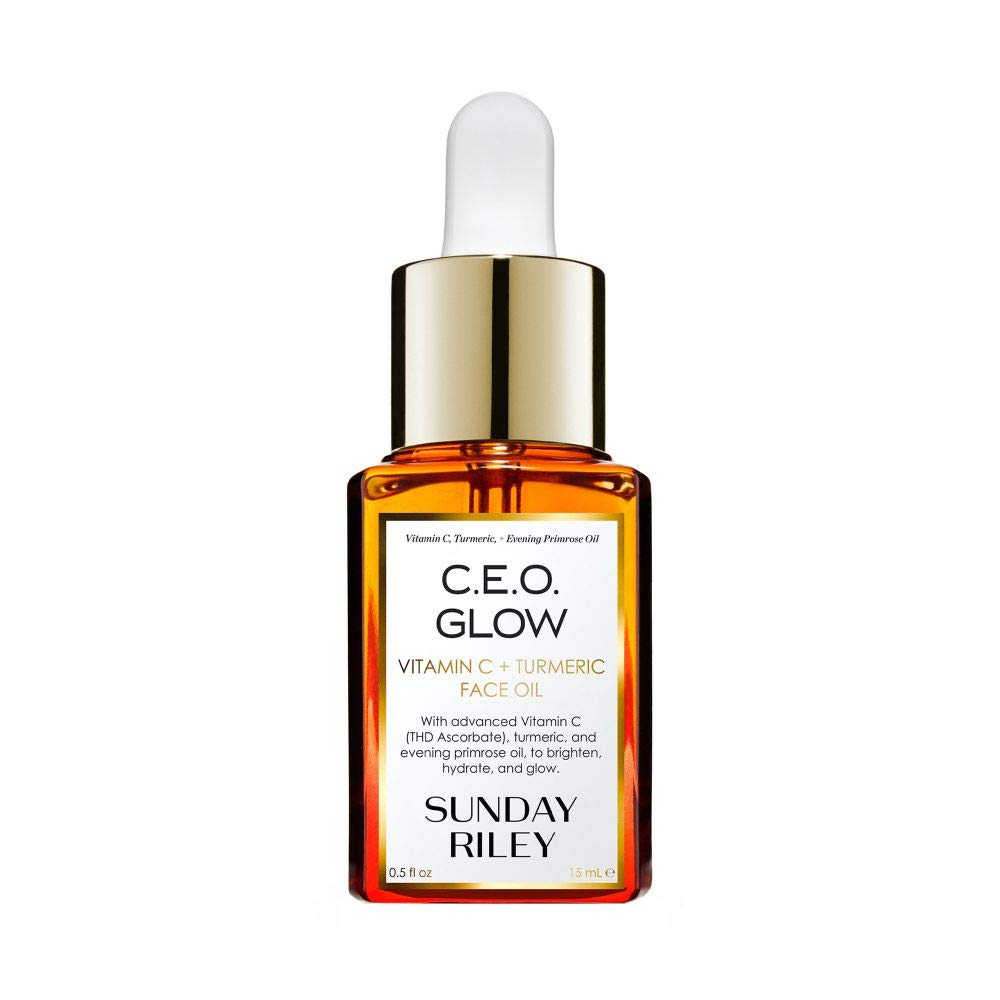 Sunday Riley C.E.O. Glow front bottle showing sleek packaging and volume benefit