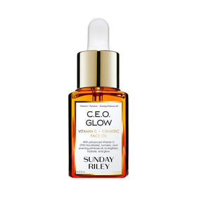 Sunday Riley C.E.O. Glow front bottle showing sleek packaging and volume benefit