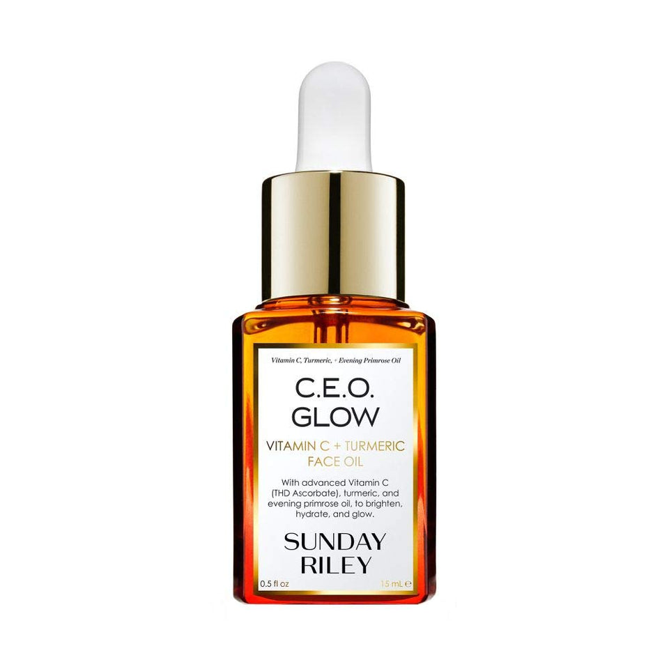 Sunday Riley C.E.O. Glow front bottle showing sleek packaging and volume benefit