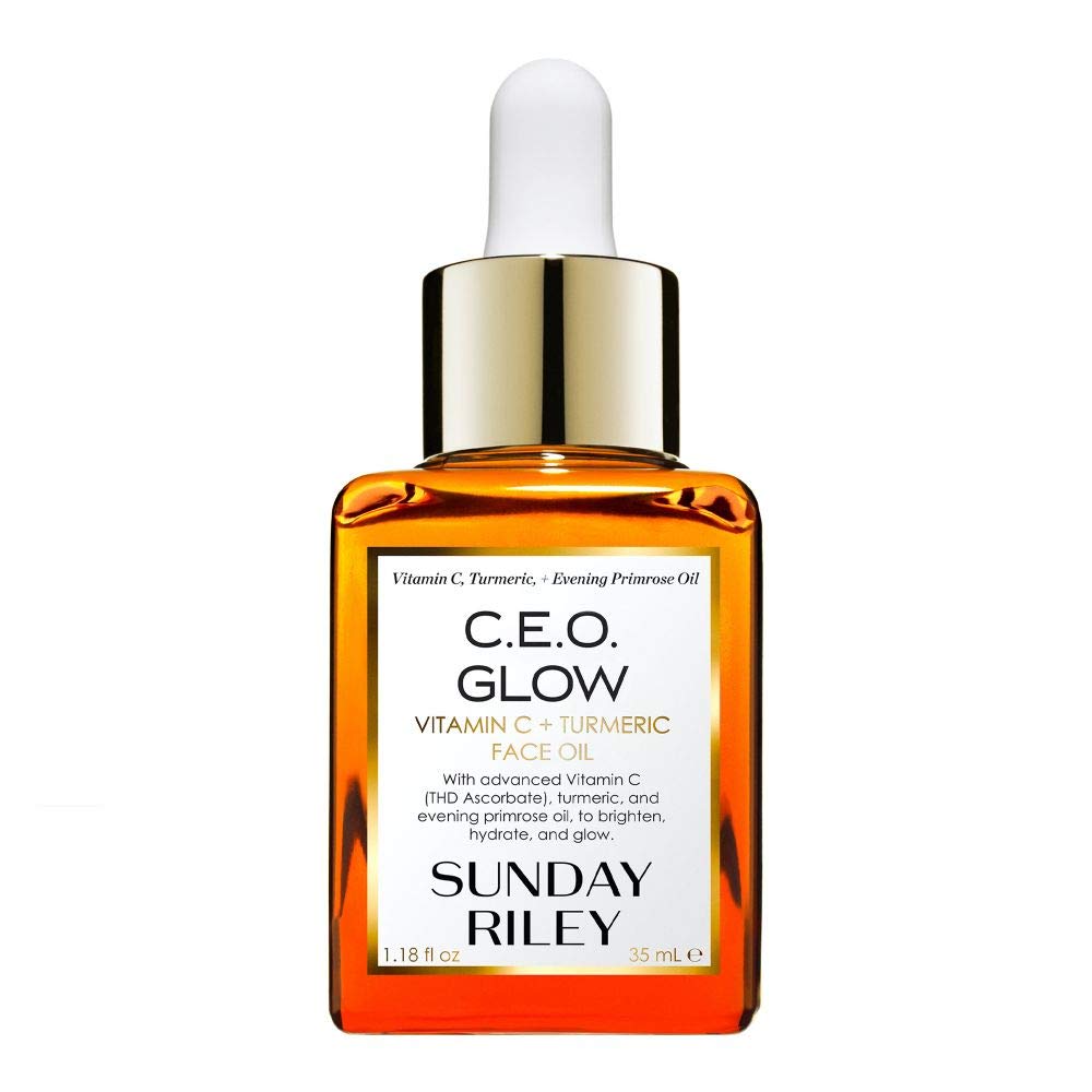 Sunday Riley bottle front view showing radiant packaging and glow