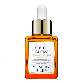 Sunday Riley bottle front view showing radiant packaging and glow