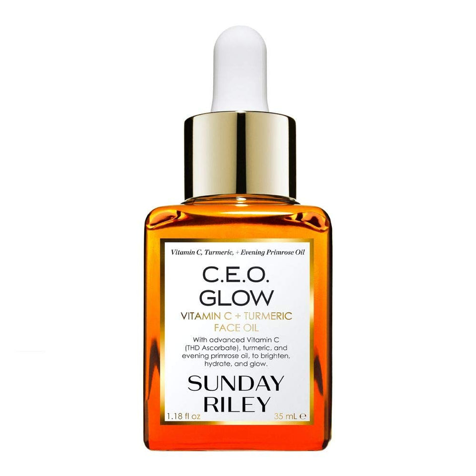 Sunday Riley bottle front view showing radiant packaging and glow