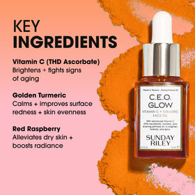 Sunday Riley C.E.O. Glow ingredients label highlighting vitamin C, turmeric and seed oils benefit