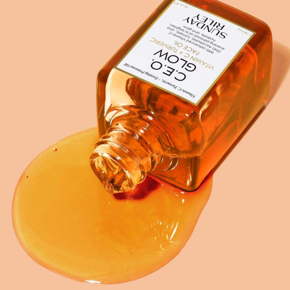 Sunday Riley label close-up highlighting active Vitamin C and turmeric benefits