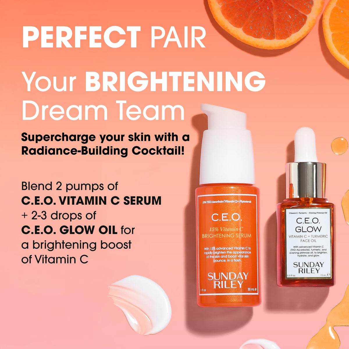 Sunday Riley C.E.O. Glow on a vanity styled with skincare items showing radiant routine benefit