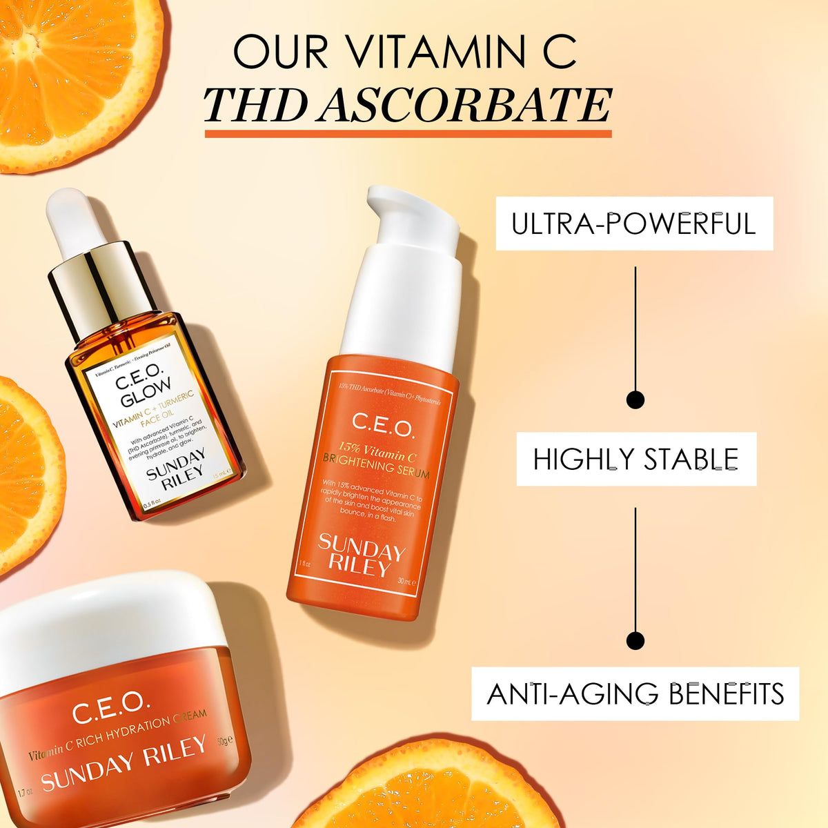 Sunday Riley ingredient label close-up highlighting THD Ascorbate benefit