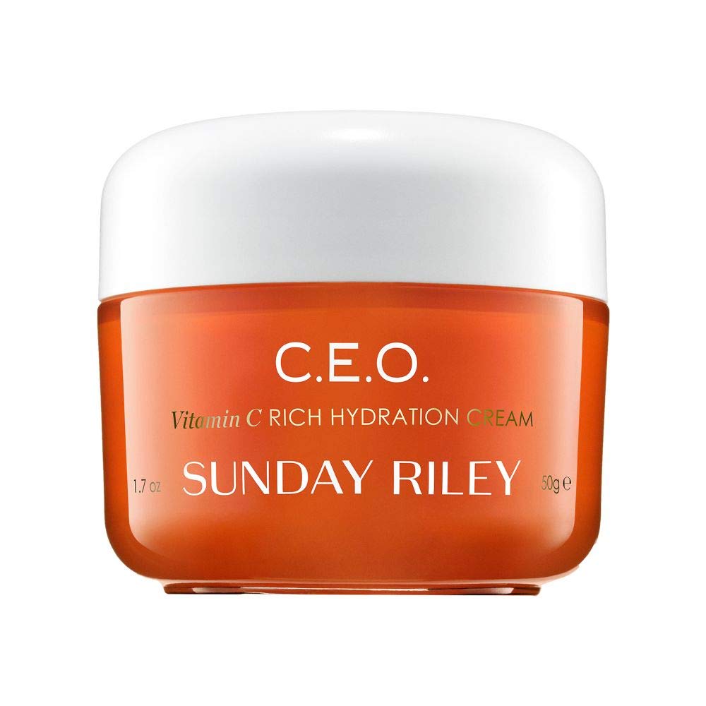 Sunday Riley C.E.O. jar front view showing packaging and brightening benefit
