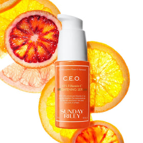 Sunday Riley serum on bathroom shelf styled for daily skincare routine inspiration