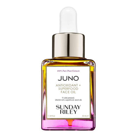 Sunday Riley Juno front packaging showing bottle and dropper with product benefit glow