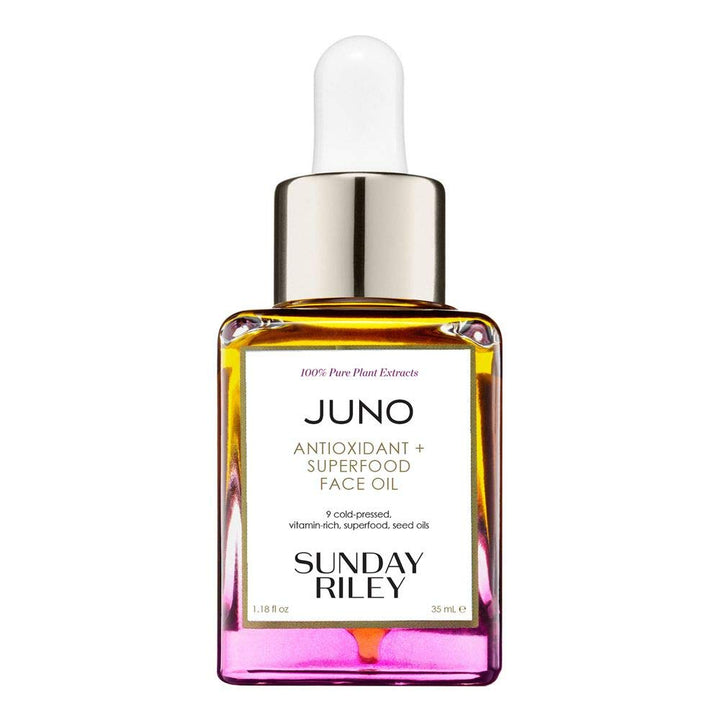 Sunday Riley Juno front packaging showing bottle and dropper with product benefit glow