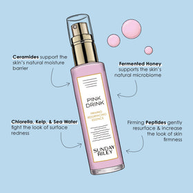 Sunday Riley Pink Drink on vanity evoking daily skincare ritual and refreshment