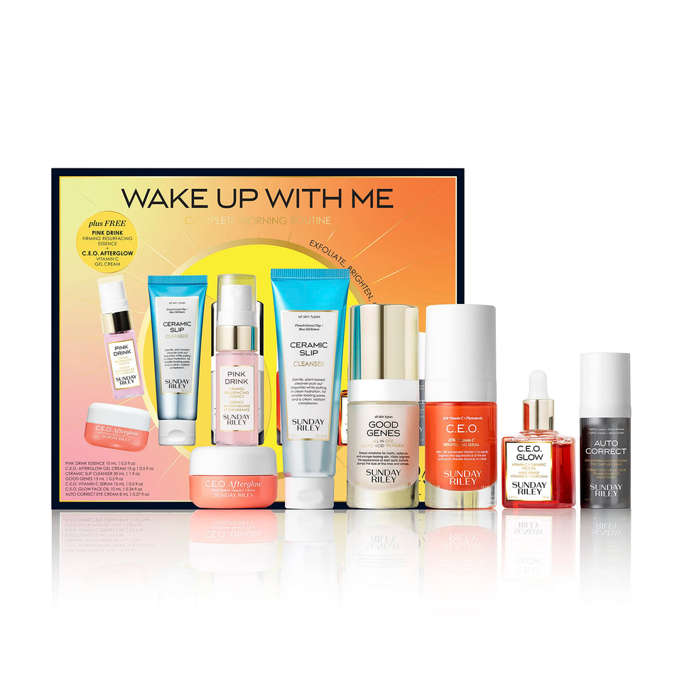 Sunday Riley front packaging showing the complete morning set and benefits