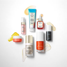 Sunday Riley product contents flatlay displaying seven-step routine for convenience